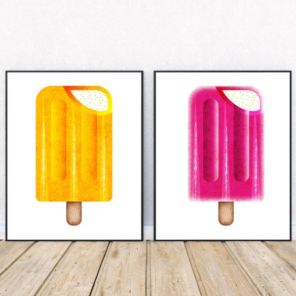 Cute Modern Kids Popsicle Posters, Summer Popsicles Prints, Pink Orange Art, Kids Printable Illustration