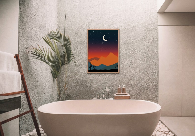 Printable Desert Night Wall Art, Boho Moon Desert Landscape Illustration, Western Mountain Digital Print image 5