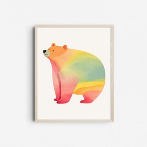 Arte imprimible de acuarela de oso colorido, impresión de pared para guardería, ilustración infantil, póster infantil