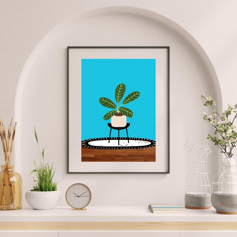 Boho Blue Indoor Plant Stand Print, House Plants Botanical Wall Art, Colorful Houseplant Printable Poster image 5