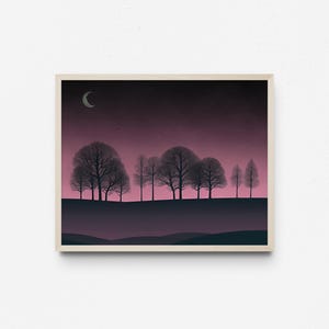 Magischer Sonnenuntergang, Sternenhimmel und schwarze Bäume Silhouette Ästhetisches Poster, Dämmerung Landschaft zum Ausdrucken