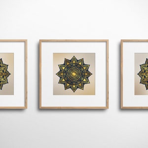 Square Set of Gold and Navy Modern Mandala Art Prints, Boho Yoga Décor, Set of 3 Chic Golden Mandalas image 2