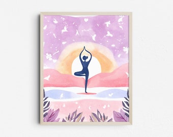 Yoga Woman Pastel Watercolor Printable Wall Art, Tree Pose Print, Abstract Purple Sunrise, Spiritual Poster