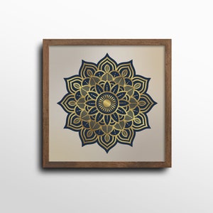 Square Set of Gold and Navy Modern Mandala Art Prints, Boho Yoga Décor, Set of 3 Chic Golden Mandalas image 4