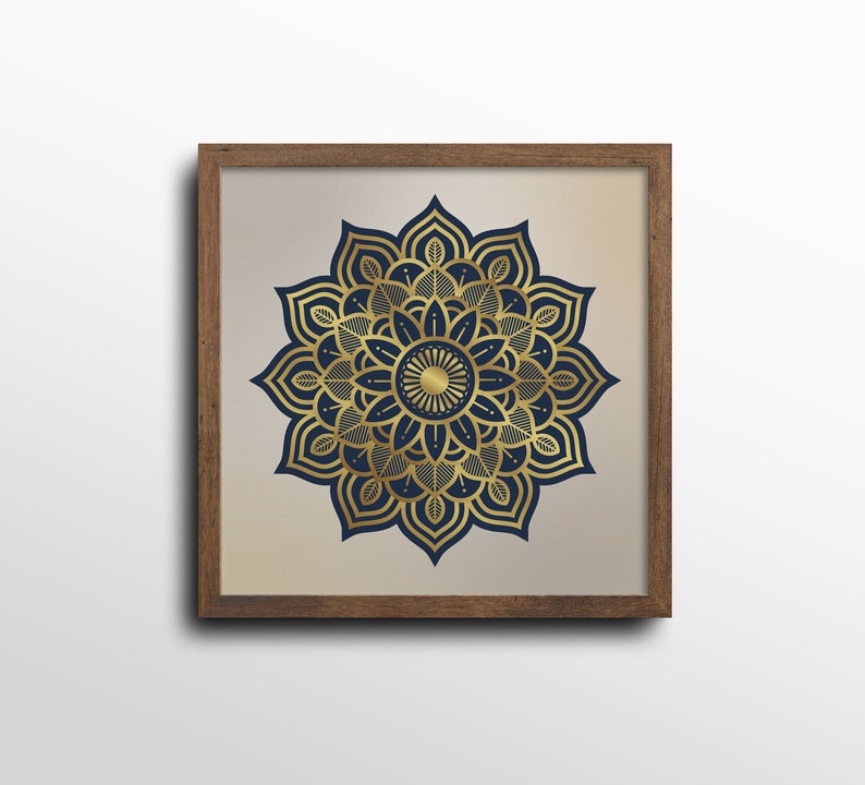 Square Set of Gold and Navy Modern Mandala Art Prints, Boho Yoga Décor, Set of 3 Chic Golden Mandalas image 4