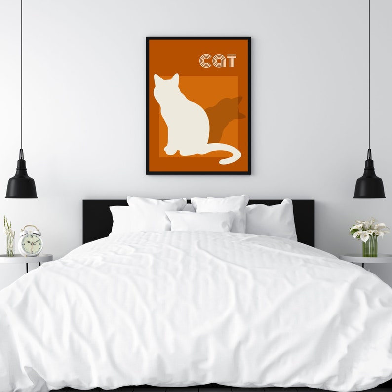 Mid Century Modern Cat Silhouette Art Print, Retro Orange and Cream Poster, Minimalist Cats Printable Decor 画像 5