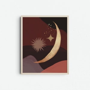 Gold Stars and Crescent Moon Art Print: Boho Celestial Decor (Digital Download)