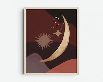 Abstract Gold Stars and Crescent Moon Red Art Printable, Boho Celestial Poster, Modern Minimalist Decor