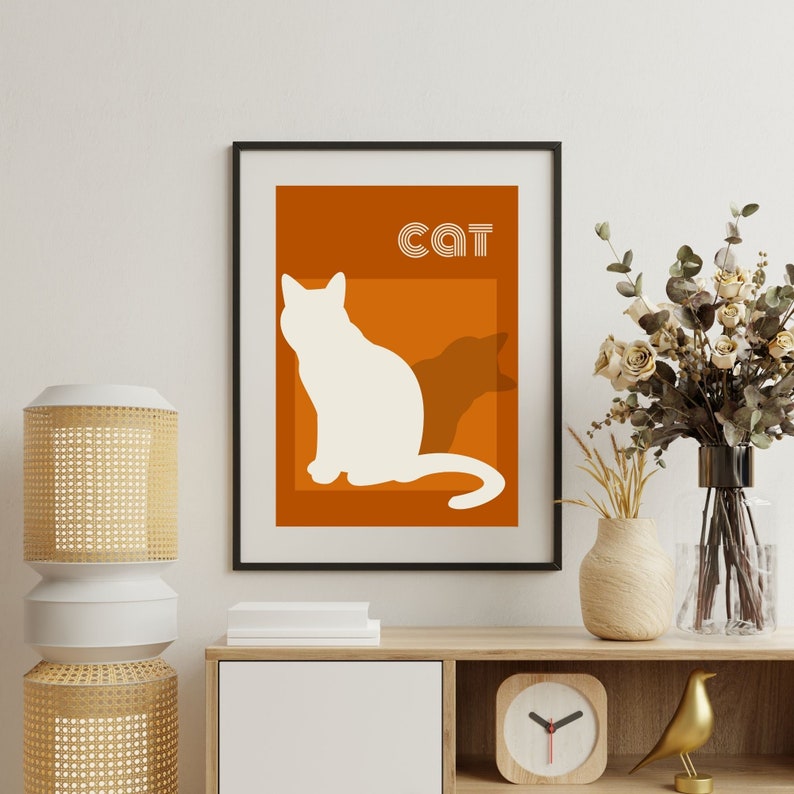 Mid Century Modern Cat Silhouette Art Print, Retro Orange and Cream Poster, Minimalist Cats Printable Decor 画像 2