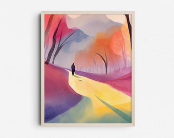 Abstract Forest Path Art Print, Colorful Watercolor Landscape, Vibrant Digital Download
