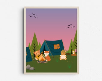 Camping Nursery Print, Woodland Bears and Fox Print (Digital Download)