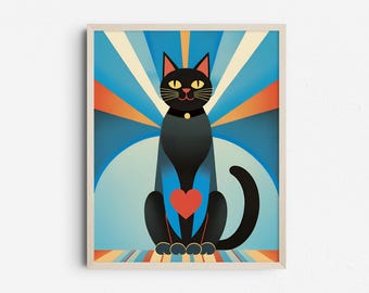 Mid Century Modern Cat Print, Minimalist Abstract Black Cats, Digital Download