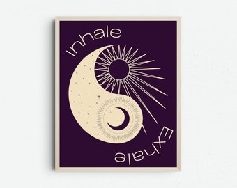 Moon and Sun Yin Yang Inhale Exhale Art, Boho Yoga Purple Decor, Mindfulness Printable, Spiritual Poster