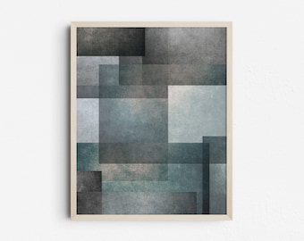 Modern Abstract Geometric Blue Gray Square Polygons Art, Printable Minimalist Illustration, Block Print