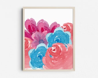 Pink and Blue Abstract Flowers Printable Wall Art, Colorful Floral Watercolor, Spring Summer Botanical Print