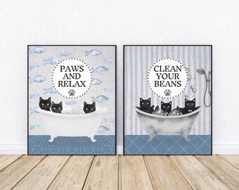 Funny Black Cat Bathroom Art Prints, Whimsical Wall Decor, Bubble Bath Digital Download Set