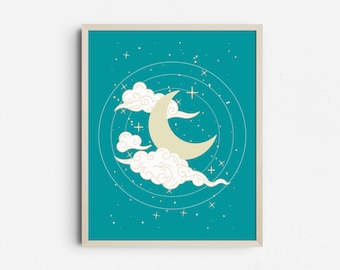 Dreamy Celestial Art, Boho Green Blue Moon and Stars Poster, Clouds Wall Decor, Bohemian Digital Download