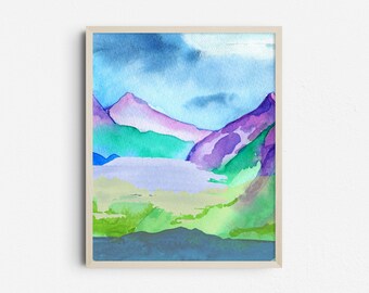 Abstract Bright Mountain Wall Art Print, Blue, Green, Purple Watercolor, Colorful Mountains Printable