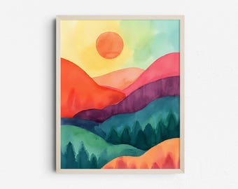 Watercolor Mountain Range Print, Colorful Abstract Vibrant Landscape, Digital Download
