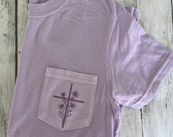 Floral Cross Embroidered Pocket Tee | Gift for Her | Comfort Colors