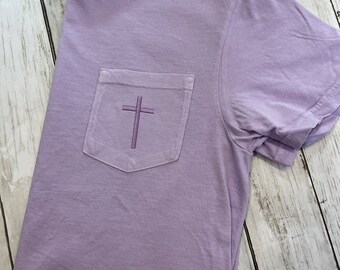 Cross Pocket Tee| Comfort Colors Pocket Unisex Shirt | Embroidered | Orchid Comfort Colors