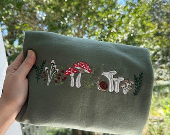 Whimsical Mushroom Embroidered Crewneck Sweatshirt: Dark Sage Fleece