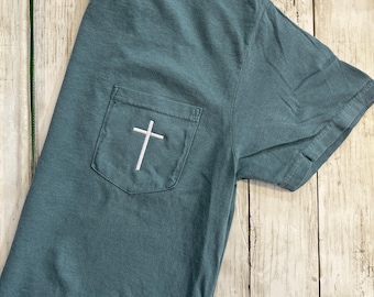 Cross Pocket Tee| Comfort Colors Pocket Unisex Shirt | Embroidered | Blue Spruce Comfort Colors