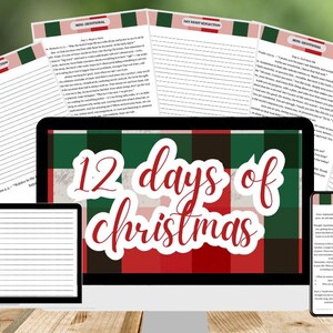 May include: A digital display with the text "12 days of Christmas" in red script over a red and green plaid background. Several sheets of lined paper and two other digital devices are also visible, all with text. The background is blurred.