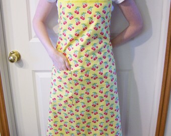 Womens Full Apron in Yellow with Cherries - Butcher Apron, Womans Apron, Simple Apron