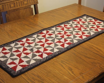 Reversible Patchwork Machine Quilted Table Runner in Black, Gray, Red and Cream Fabric