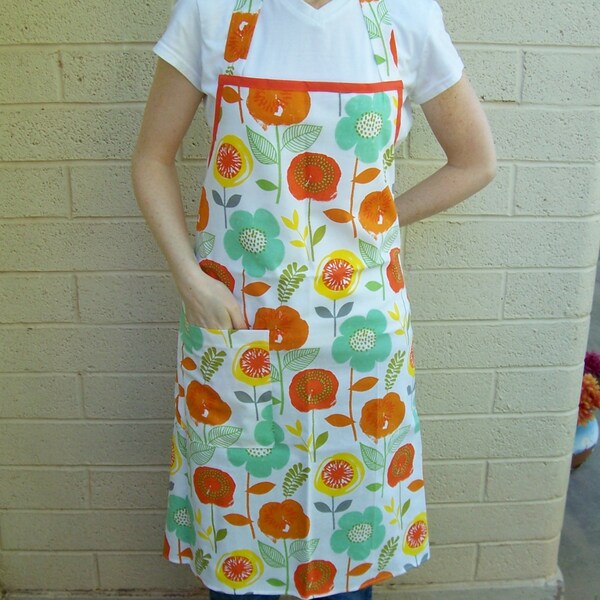 Women's Full Apron with Large Orange Flowers - Handmade Apron, Butcher Apron, Women's Apron