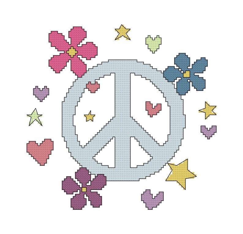 Peace Sign Cross Stitch Pattern with Hearts and Stars PDF | Etsy