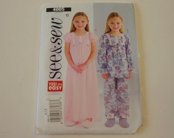 See and Sew 4005: Easy Children's/Girls' Nightgown, Top and Pants Sizes 6,7,8 UNCUT