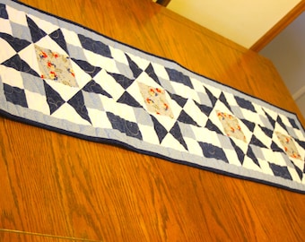 Patchwork Machine Quilted Table Runner in Blue Fabric