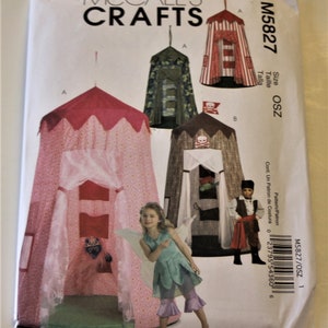 May include: A sewing pattern for making a play tent. The pattern includes instructions for making a princess tent, a pirate tent, and a castle tent. The pattern is for size OSZ. The pattern is from McCall's Crafts.