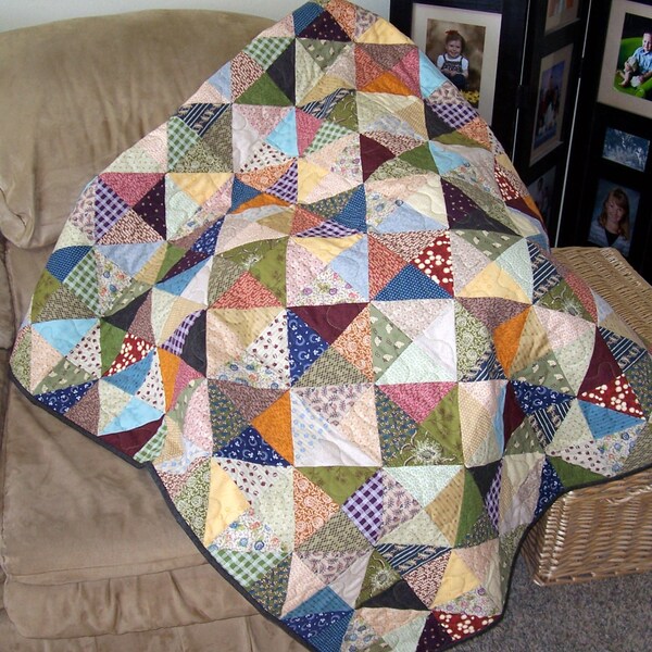 Scrappy Diamond Lap Quilt in Muted Tones of Light and Dark, Handmade Quilt, Scrap Quilt, Patch Quilt, Wall Hanging, Diamond, Square