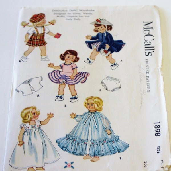 Doll Clothes Pattern - McCall's 1898: Diminutive Dolls' Wardrobe designed for Ginny, Wendy, Muffie, Lingerie Lou, and Daily Dolly