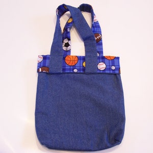 Children&#39;s Tote Bag with Games and Crayons in Denim and Sport Fabric - Children&#39;s Game Bag, Sport Bag, Boys Bag