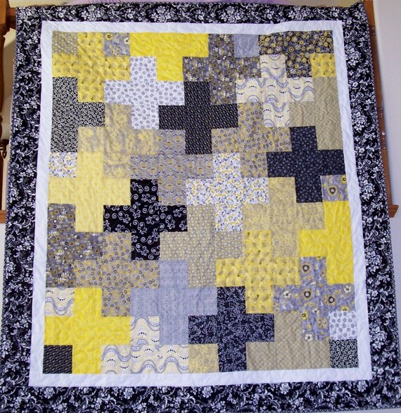 Sale Plus Sign Lap Quilt In Black Gray Yellow And White Etsy