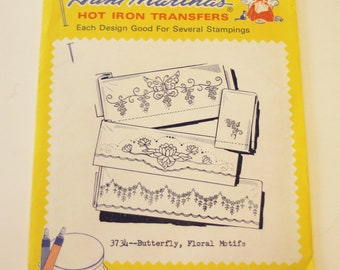 Aunt Martha Hot Iron Repeat Transfer Patterns  3734: "Butterfly, Floral Motifs " Patterns UNCUT and UNOPENED