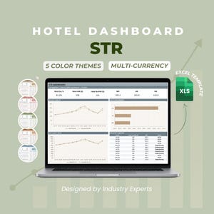 May include: A laptop screen displaying a hotel STR dashboard with data tables, line graphs, and bar charts. The interface includes text labels like Hotel Occ %, Hotel ADR, and Hotel RevPAR. Five circular colour theme previews and an XLS icon are visible.