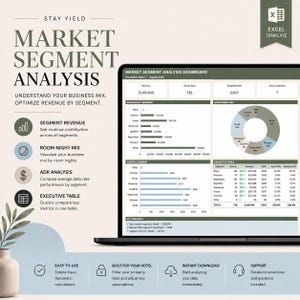 May include: A digital Excel template for a market segment analysis dashboard displayed on a laptop screen. The interface features revenue charts, a room night mix pie chart, an executive table, and key insights for hotel business performance analysis.