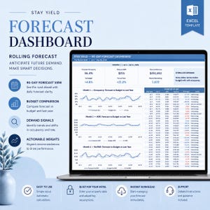 Peut inclure: Un modèle Excel de tableau de bord de prévisions Stay Yield sur 90 jours affiché sur un écran d'ordinateur portable. L'interface présente des graphiques linéaires pour l'occupation, l'ADR et le RevPAR, ainsi qu'un tableau de données quotidien.