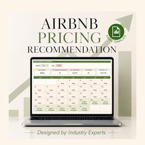 Peut inclure: Un ordinateur portable affichant un modèle Excel de recommandation de prix Airbnb avec un calendrier quotidien. L'écran présente des données mensuelles, des chiffres de revenus et une flèche ascendante en arrière-plan avec le texte Designed by Industry Experts.