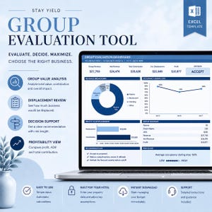 May include: A digital Group Evaluation Tool Excel template displayed on a laptop screen. The dashboard features a revenue breakdown pie chart, an occupancy line graph, profit versus displacement bar charts, and a risk gauge for hotel management.