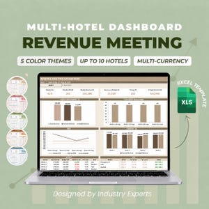 Puede incluir: Una pantalla de portátil muestra una plantilla de Excel para un panel de control de ingresos de varios hoteles. La interfaz presenta tablas de datos, gráficos de barras y gráficos de líneas para el seguimiento del rendimiento semanal.