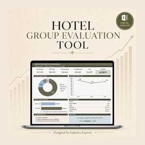 May include: A digital Hotel Group Evaluation Tool Excel template displayed on a laptop screen. The dashboard features a revenue breakdown pie chart, an occupancy line graph, profit versus displacement bar charts, and a group summary table.
