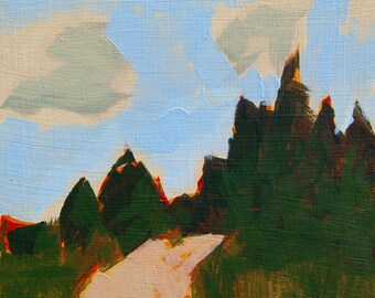 Könnte beinhalten: Ein Ölgemälde zeigt eine Landschaft mit hellblauem Himmel und weißen Wolken. Dunkelgrüne Bäume säumen den Horizont, mit einem weißen Pfad, der zu ihnen führt. Das Gemälde hat einen strukturierten Pinselstrichstil.
