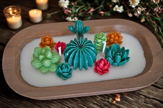 Succulent Wooden Dough Bowl Candle
