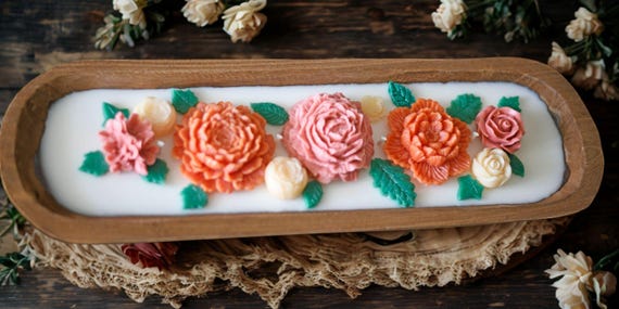 Romance Floral Wooden Dough Bowl Candle